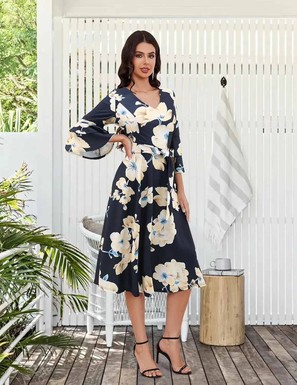 DRESSTELLS Cocktail Dress 2025, Long Bell Sleeves & V-Neck, Formal Bridesmaid Prom Dresses for Party