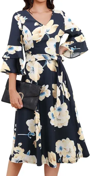 DRESSTELLS Cocktail Dress 2025, Long Bell Sleeves & V-Neck, Formal Bridesmaid Prom Dresses for Party