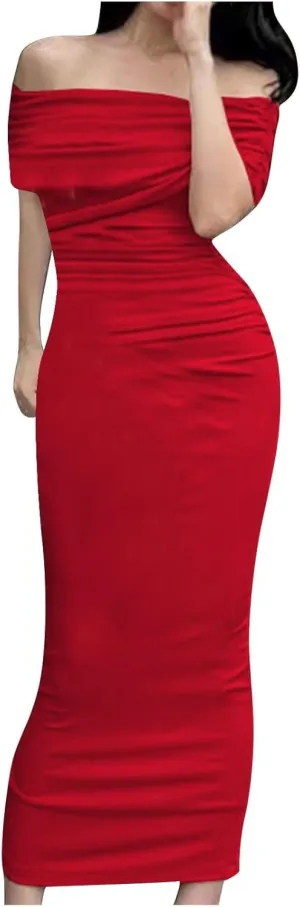 Elegant Off Shoulder Long Sleeve Ruched Bodycon Maxi Dress Wedding Guest Evening Formal Spring Long Dresses for Women 2024
