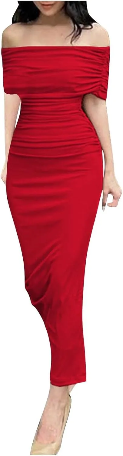 Elegant Off Shoulder Long Sleeve Ruched Bodycon Maxi Dress Wedding Guest Evening Formal Spring Long Dresses for Women 2024