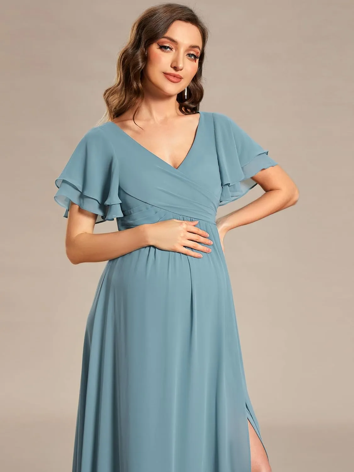 Ever-Pretty Women's Chiffon V Neck Short Sleeves Pleated Slit A Line Floor-Length Maternity Party Dress 01862-EY