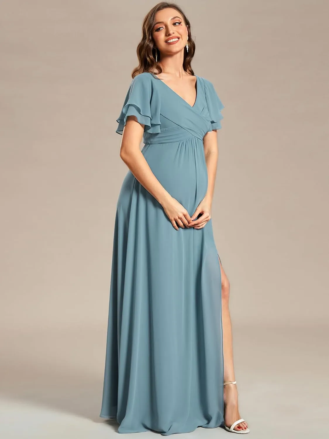 Ever-Pretty Women's Chiffon V Neck Short Sleeves Pleated Slit A Line Floor-Length Maternity Party Dress 01862-EY