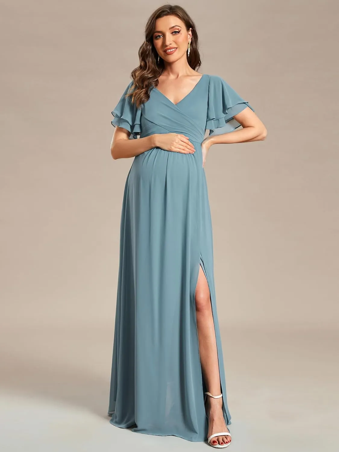 Ever-Pretty Women's Chiffon V Neck Short Sleeves Pleated Slit A Line Floor-Length Maternity Party Dress 01862-EY
