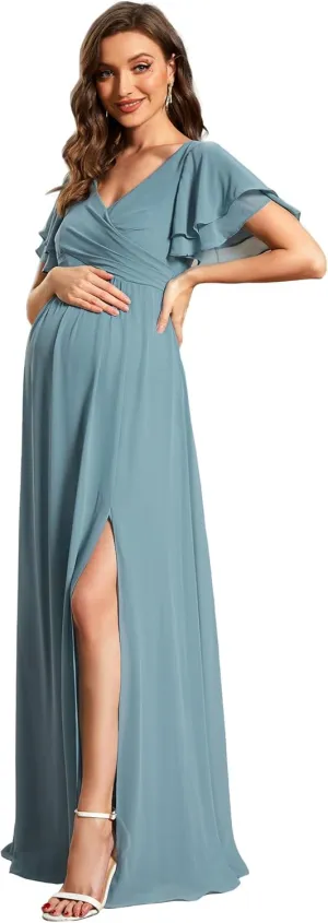 Ever-Pretty Women's Chiffon V Neck Short Sleeves Pleated Slit A Line Floor-Length Maternity Party Dress 01862-EY