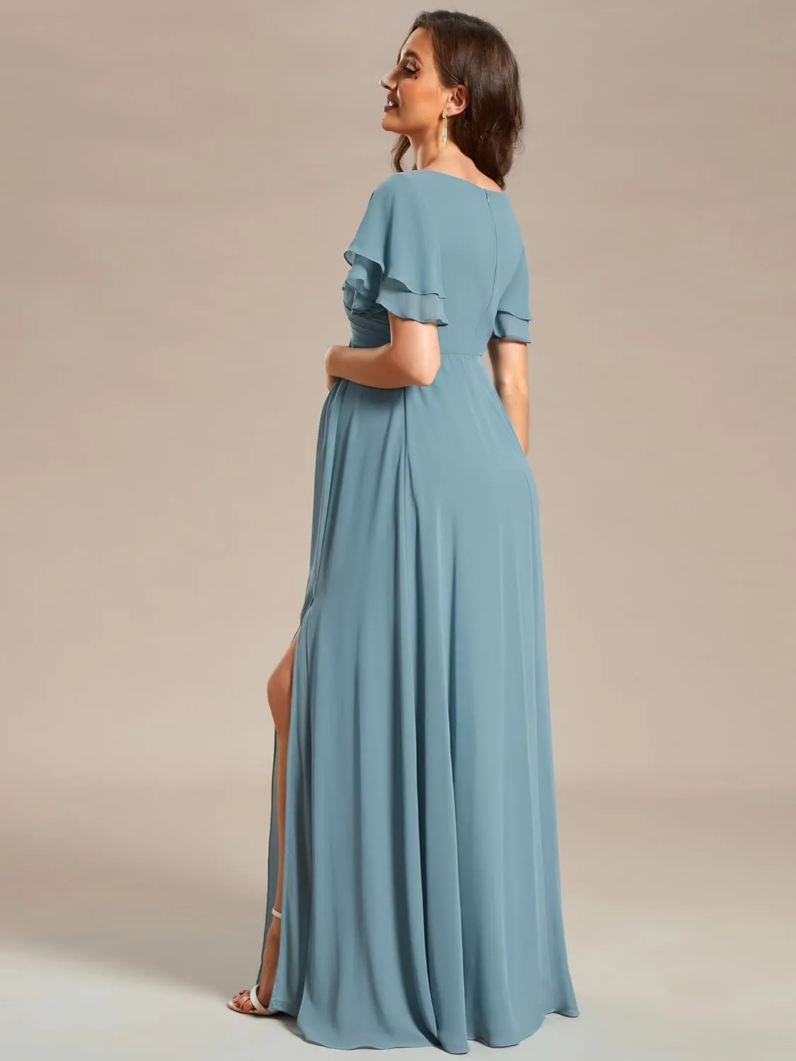 Ever-Pretty Women's Chiffon V Neck Short Sleeves Pleated Slit A Line Floor-Length Maternity Party Dress 01862-EY