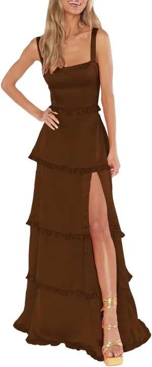 FANGHEIA Spaghetti Straps Silk Satin Prom Dresses 2025 Long Ruffles Tiered Formal Evening Dresses with Slit