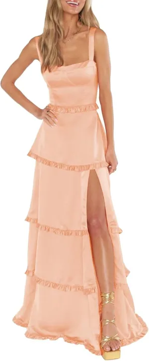 FANGHEIA Spaghetti Straps Silk Satin Prom Dresses 2025 Long Ruffles Tiered Formal Evening Dresses with Slit