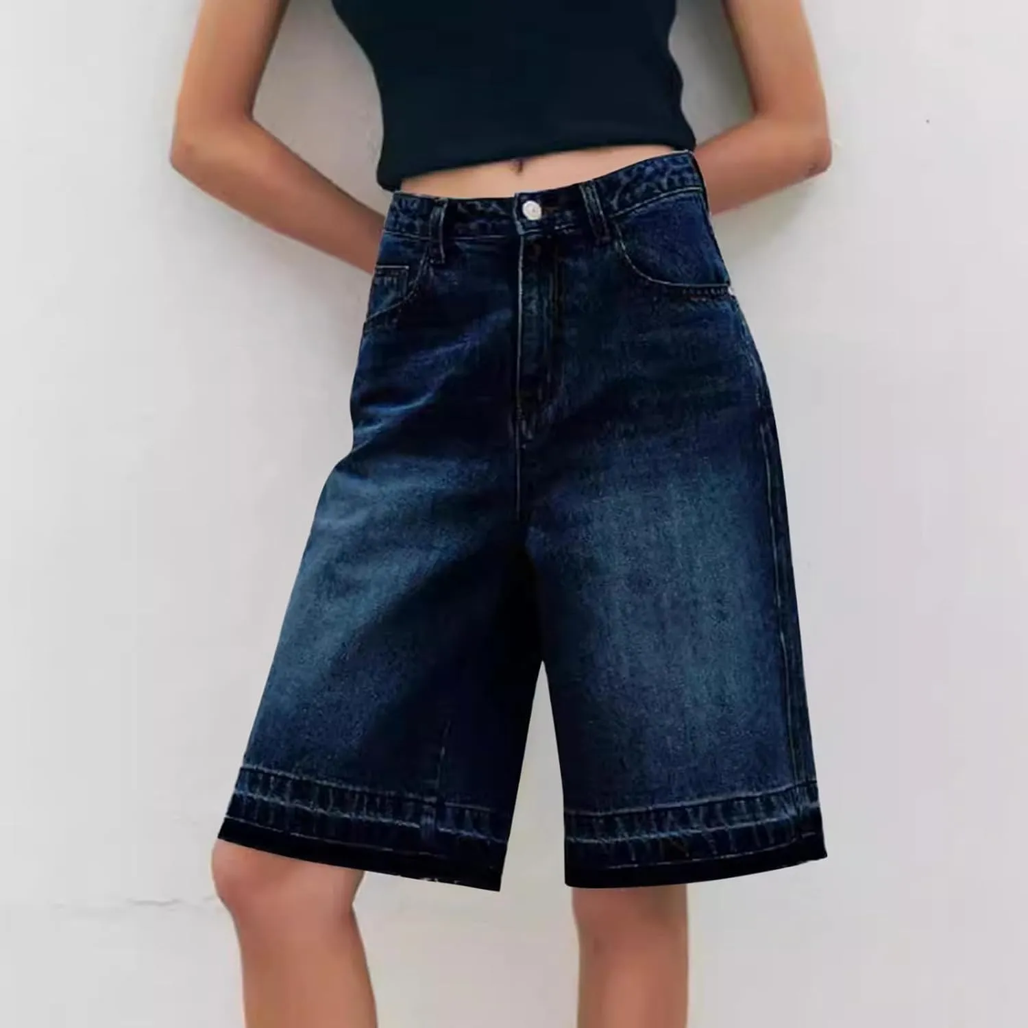 fanmpghleoo Jean Shorts Womens High Rise Long Wide Leg Denim Bermuda Shorts Trendy Baggy Jeans Summer Casual Denim Pants