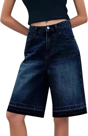 fanmpghleoo Jean Shorts Womens High Rise Long Wide Leg Denim Bermuda Shorts Trendy Baggy Jeans Summer Casual Denim Pants