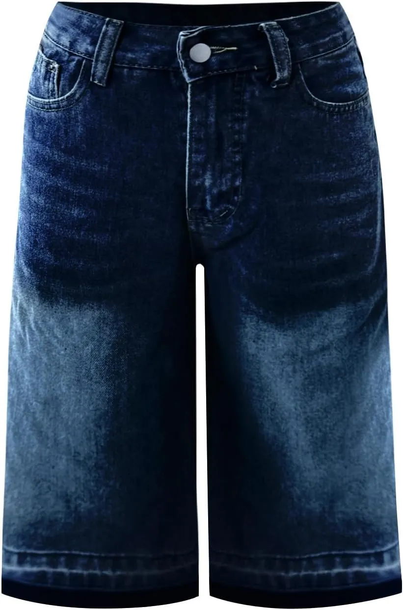 fanmpghleoo Jean Shorts Womens High Rise Long Wide Leg Denim Bermuda Shorts Trendy Baggy Jeans Summer Casual Denim Pants