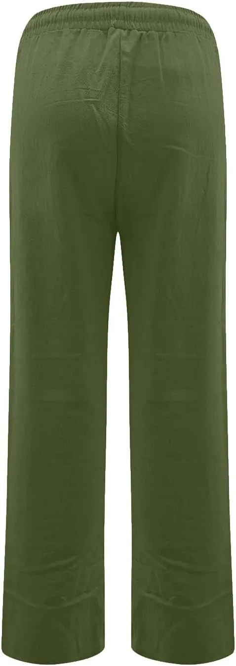 fanmpghleoo Linen Straight Leg Pants Women Casual Light Drawstring Elastic Waist Pants Beach Lounge Trousers with Pockets