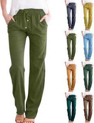 fanmpghleoo Linen Straight Leg Pants Women Casual Light Drawstring Elastic Waist Pants Beach Lounge Trousers with Pockets
