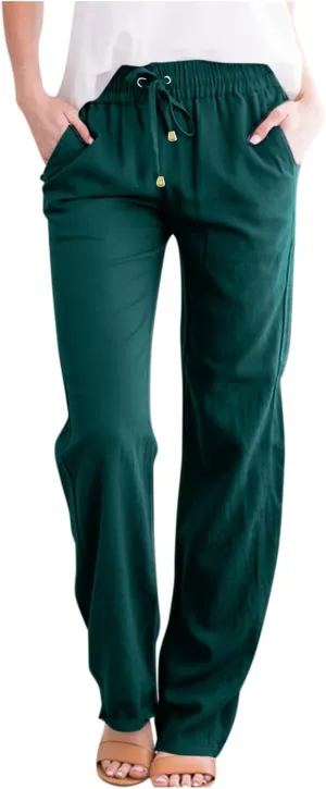 fanmpghleoo Linen Straight Leg Pants Women Casual Light Drawstring Elastic Waist Pants Beach Lounge Trousers with Pockets