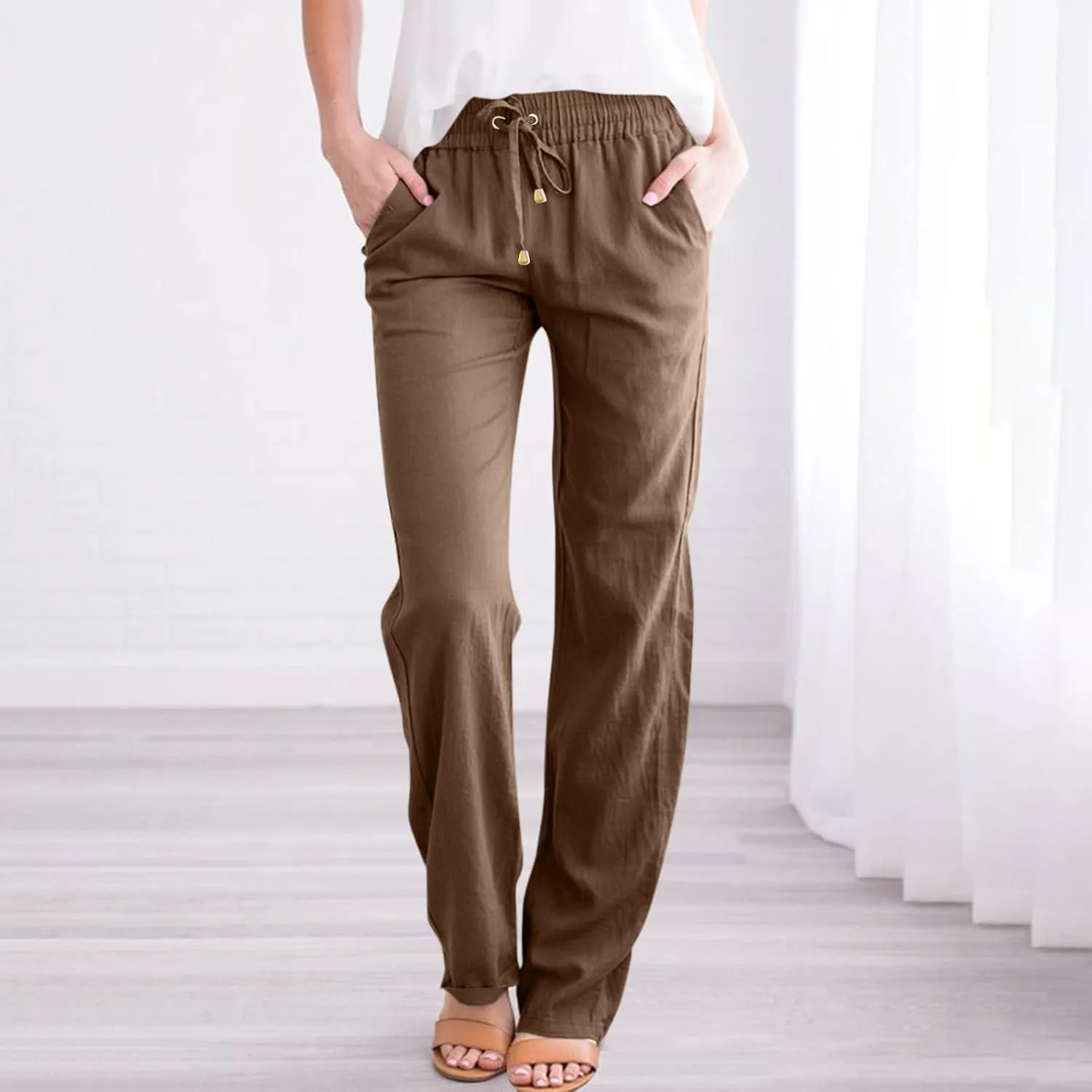 fanmpghleoo Linen Straight Leg Pants Women Casual Light Drawstring Elastic Waist Pants Beach Lounge Trousers with Pockets