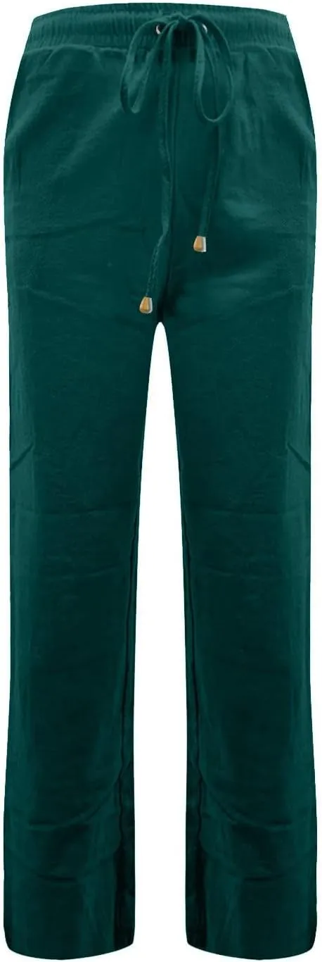 fanmpghleoo Linen Straight Leg Pants Women Casual Light Drawstring Elastic Waist Pants Beach Lounge Trousers with Pockets
