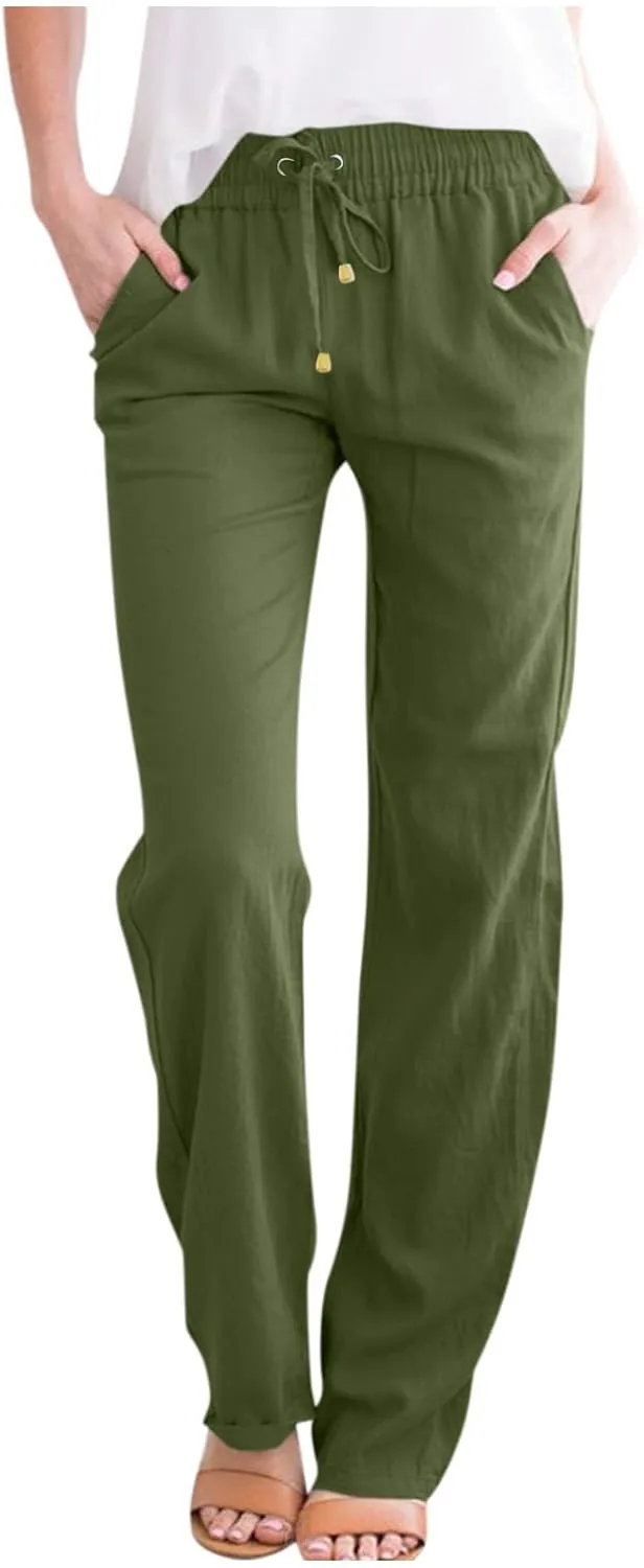 fanmpghleoo Linen Straight Leg Pants Women Casual Light Drawstring Elastic Waist Pants Beach Lounge Trousers with Pockets