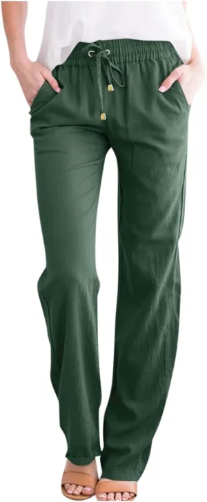 fanmpghleoo Linen Straight Leg Pants Women Casual Light Drawstring Elastic Waist Pants Beach Lounge Trousers with Pockets