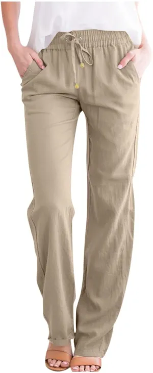 fanmpghleoo Linen Straight Leg Pants Women Casual Light Drawstring Elastic Waist Pants Beach Lounge Trousers with Pockets