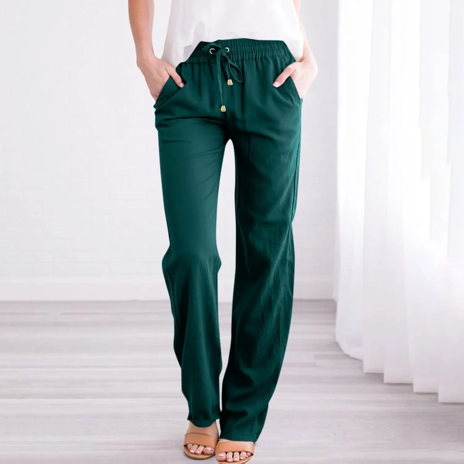 fanmpghleoo Linen Straight Leg Pants Women Casual Light Drawstring Elastic Waist Pants Beach Lounge Trousers with Pockets
