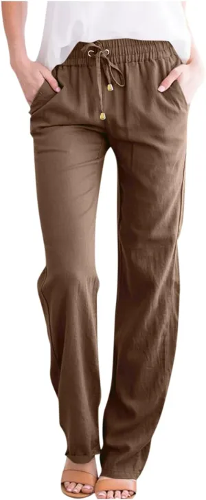 fanmpghleoo Linen Straight Leg Pants Women Casual Light Drawstring Elastic Waist Pants Beach Lounge Trousers with Pockets