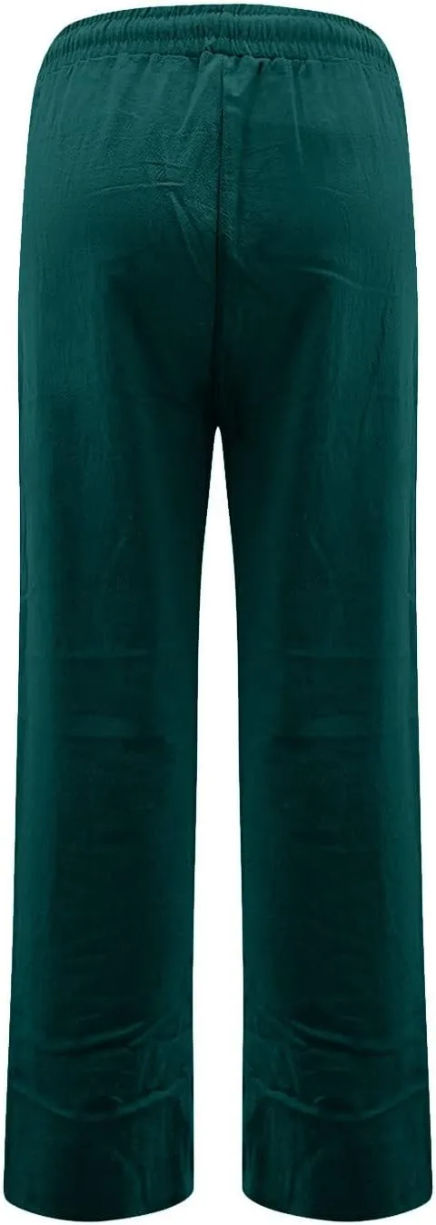 fanmpghleoo Linen Straight Leg Pants Women Casual Light Drawstring Elastic Waist Pants Beach Lounge Trousers with Pockets