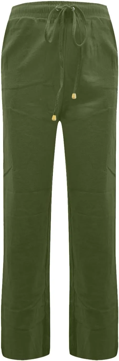 fanmpghleoo Linen Straight Leg Pants Women Casual Light Drawstring Elastic Waist Pants Beach Lounge Trousers with Pockets