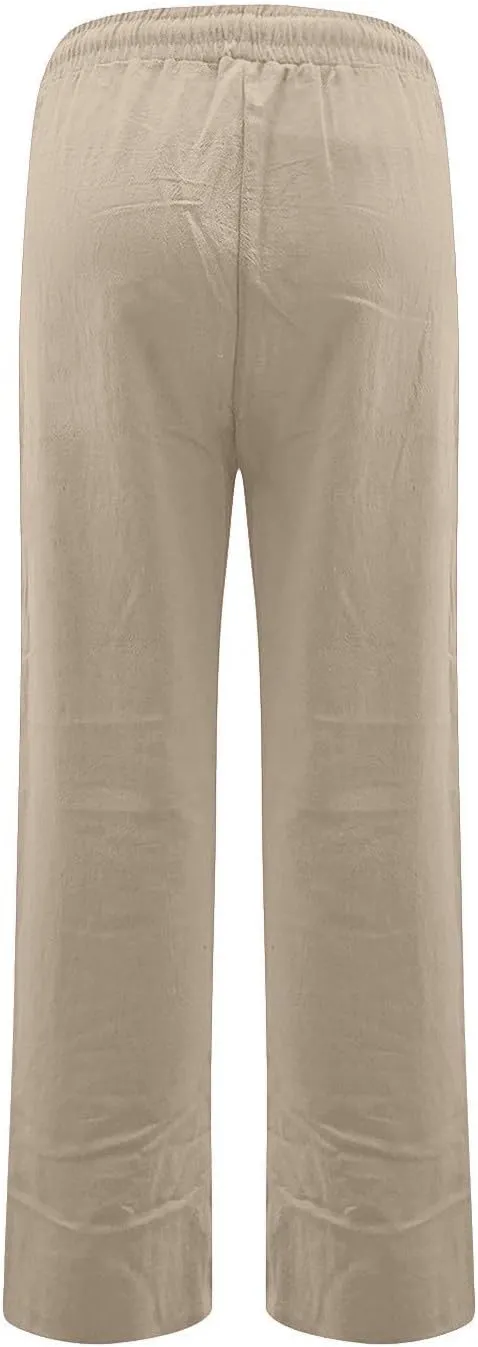 fanmpghleoo Linen Straight Leg Pants Women Casual Light Drawstring Elastic Waist Pants Beach Lounge Trousers with Pockets