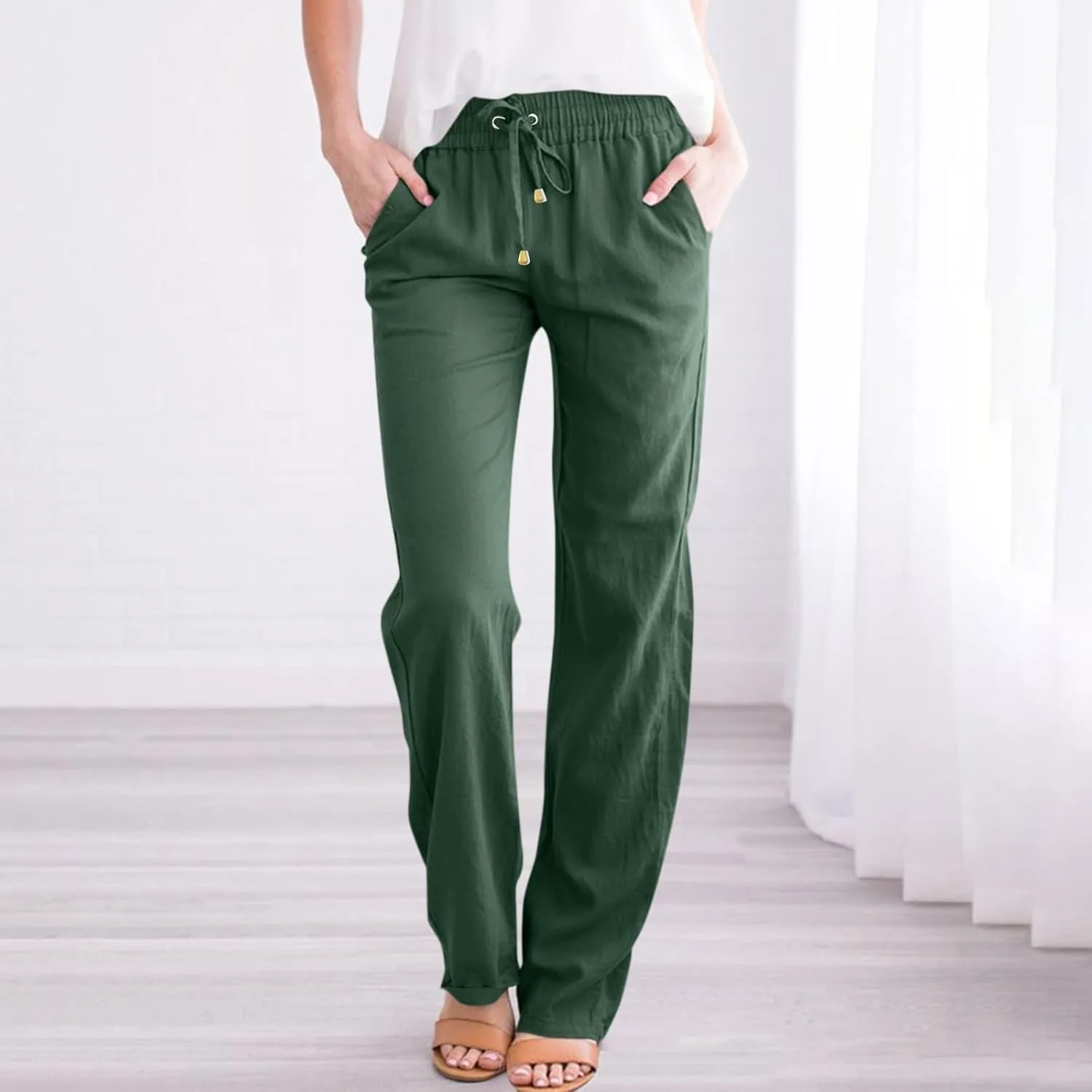 fanmpghleoo Linen Straight Leg Pants Women Casual Light Drawstring Elastic Waist Pants Beach Lounge Trousers with Pockets