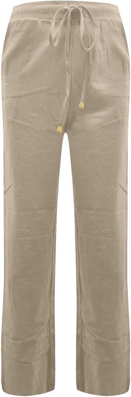 fanmpghleoo Linen Straight Leg Pants Women Casual Light Drawstring Elastic Waist Pants Beach Lounge Trousers with Pockets