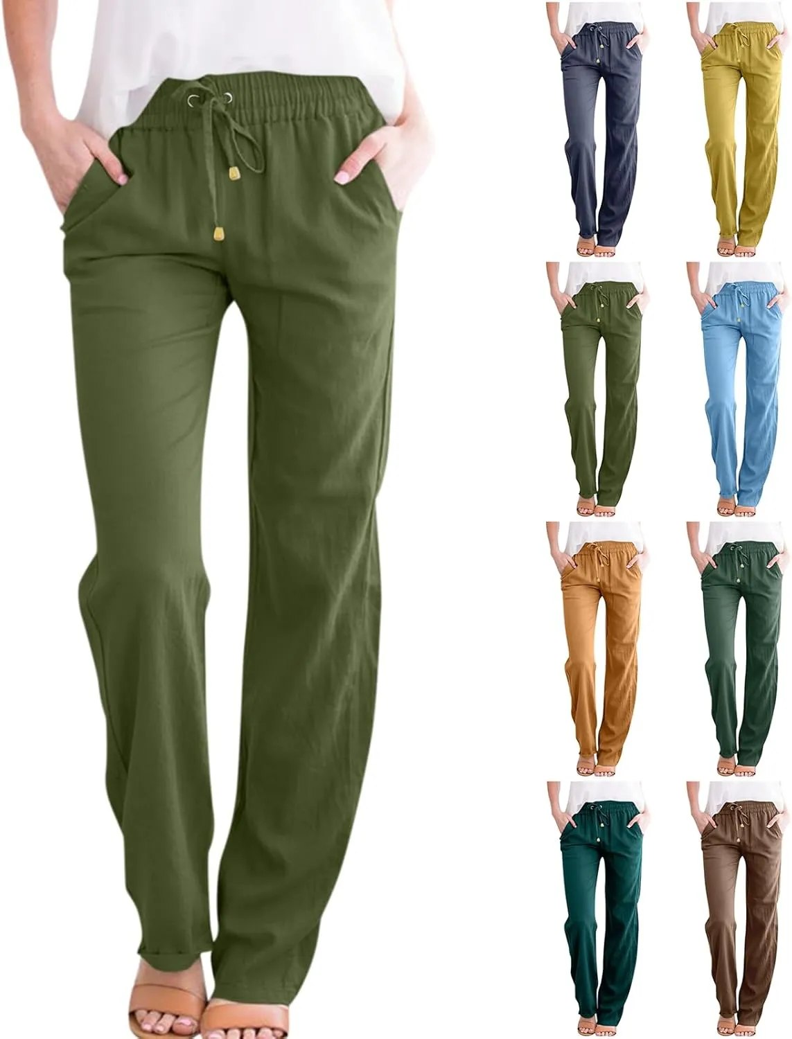 fanmpghleoo Linen Straight Leg Pants Women Casual Light Drawstring Elastic Waist Pants Beach Lounge Trousers with Pockets