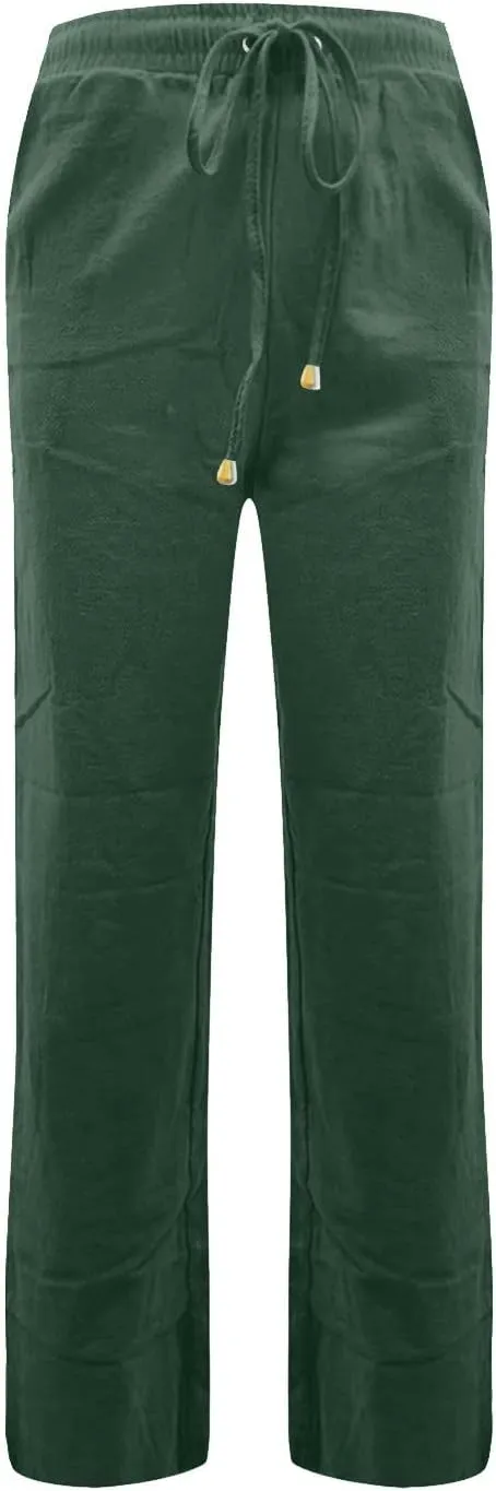 fanmpghleoo Linen Straight Leg Pants Women Casual Light Drawstring Elastic Waist Pants Beach Lounge Trousers with Pockets
