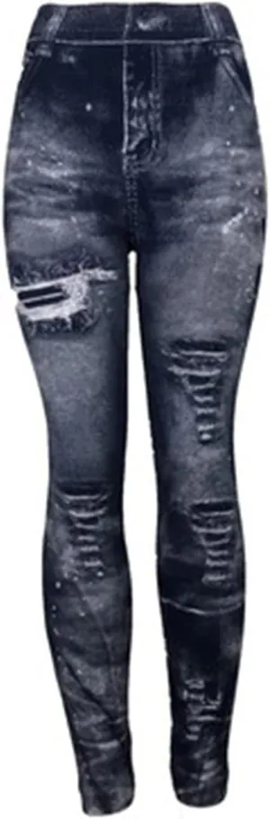 Faux Denim Leggings for Women Fashion High Waisted Yoga Pants Distressed Ripped Jeggings Tights Stretch Denim Jeans