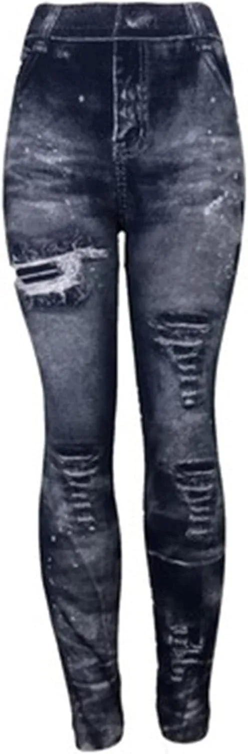 Faux Denim Leggings for Women Fashion High Waisted Yoga Pants Distressed Ripped Jeggings Tights Stretch Denim Jeans
