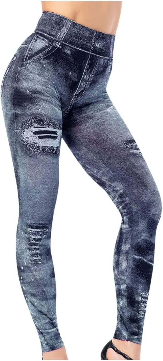 Faux Denim Leggings for Women Fashion High Waisted Yoga Pants Distressed Ripped Jeggings Tights Stretch Denim Jeans