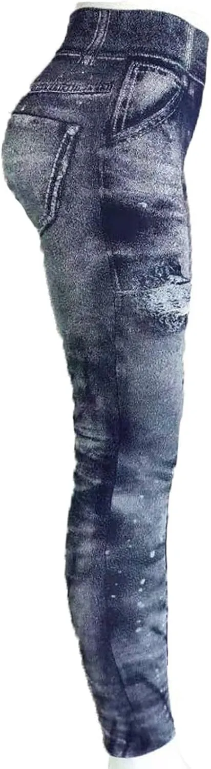 Faux Denim Leggings for Women Fashion High Waisted Yoga Pants Distressed Ripped Jeggings Tights Stretch Denim Jeans