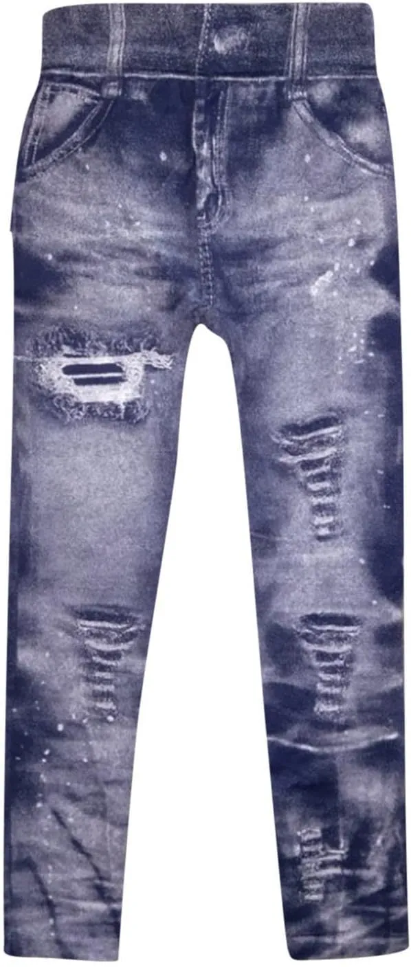 Faux Denim Leggings for Women Fashion High Waisted Yoga Pants Distressed Ripped Jeggings Tights Stretch Denim Jeans