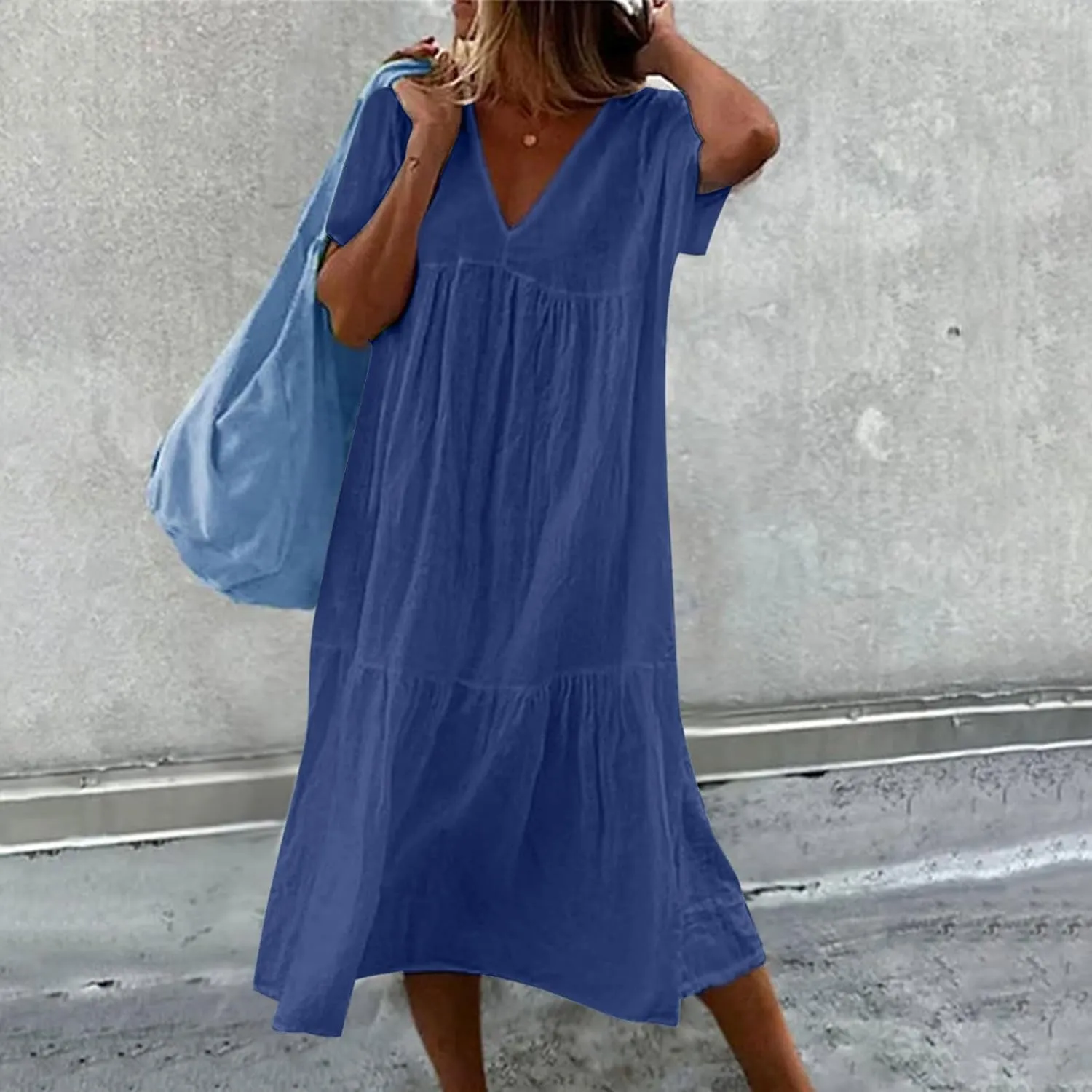 Finelylove Women's Casual Summer Dresses V Ncek Linen Shift Dress Loose Fit Comfy T-Shirt Dress Midi Beach Veacation Sundress