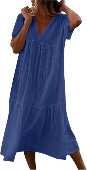 Finelylove Women's Casual Summer Dresses V Ncek Linen Shift Dress Loose Fit Comfy T-Shirt Dress Midi Beach Veacation Sundress