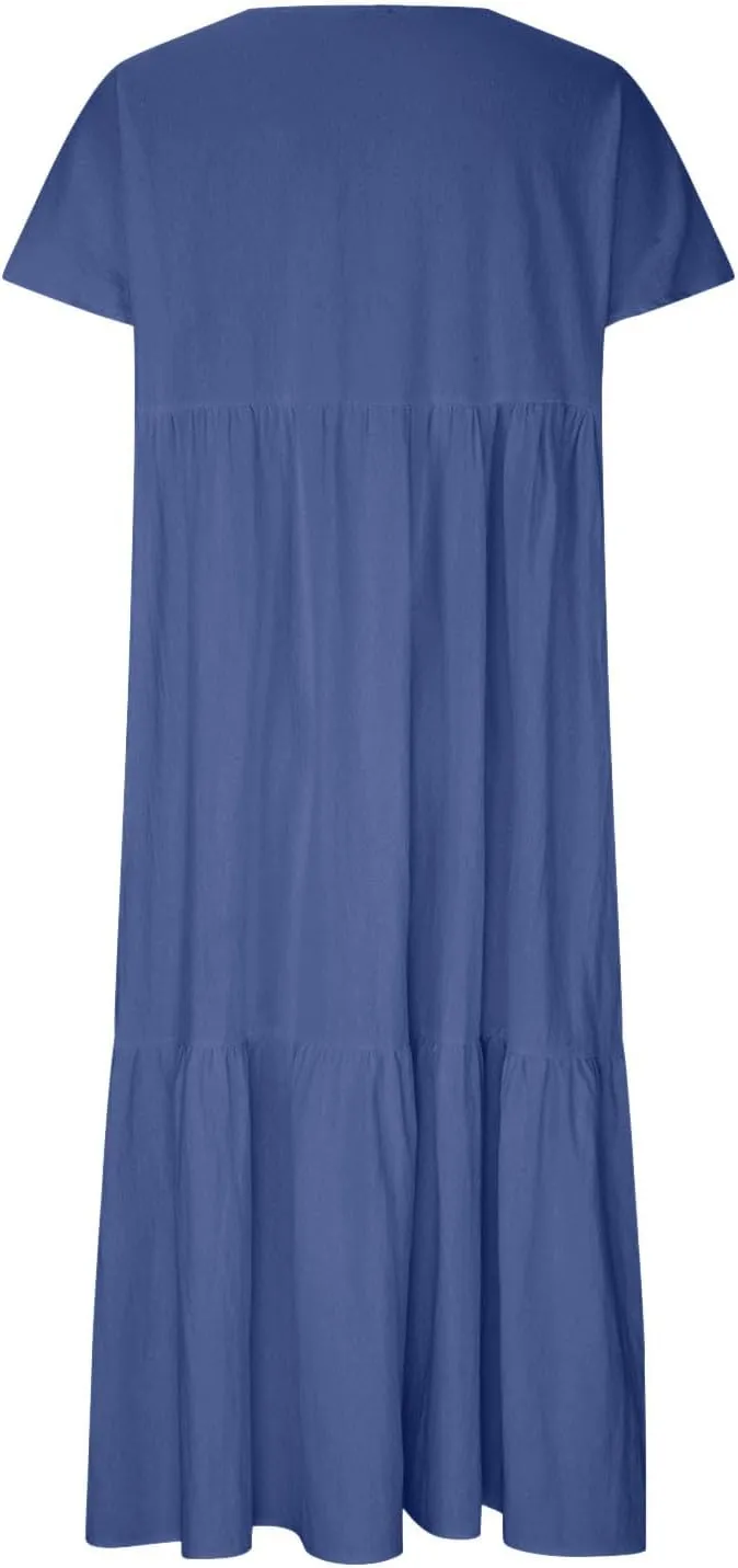 Finelylove Women's Casual Summer Dresses V Ncek Linen Shift Dress Loose Fit Comfy T-Shirt Dress Midi Beach Veacation Sundress