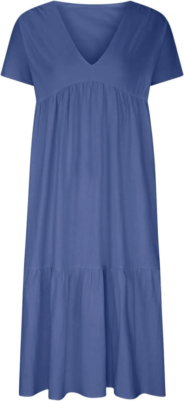 Finelylove Women's Casual Summer Dresses V Ncek Linen Shift Dress Loose Fit Comfy T-Shirt Dress Midi Beach Veacation Sundress