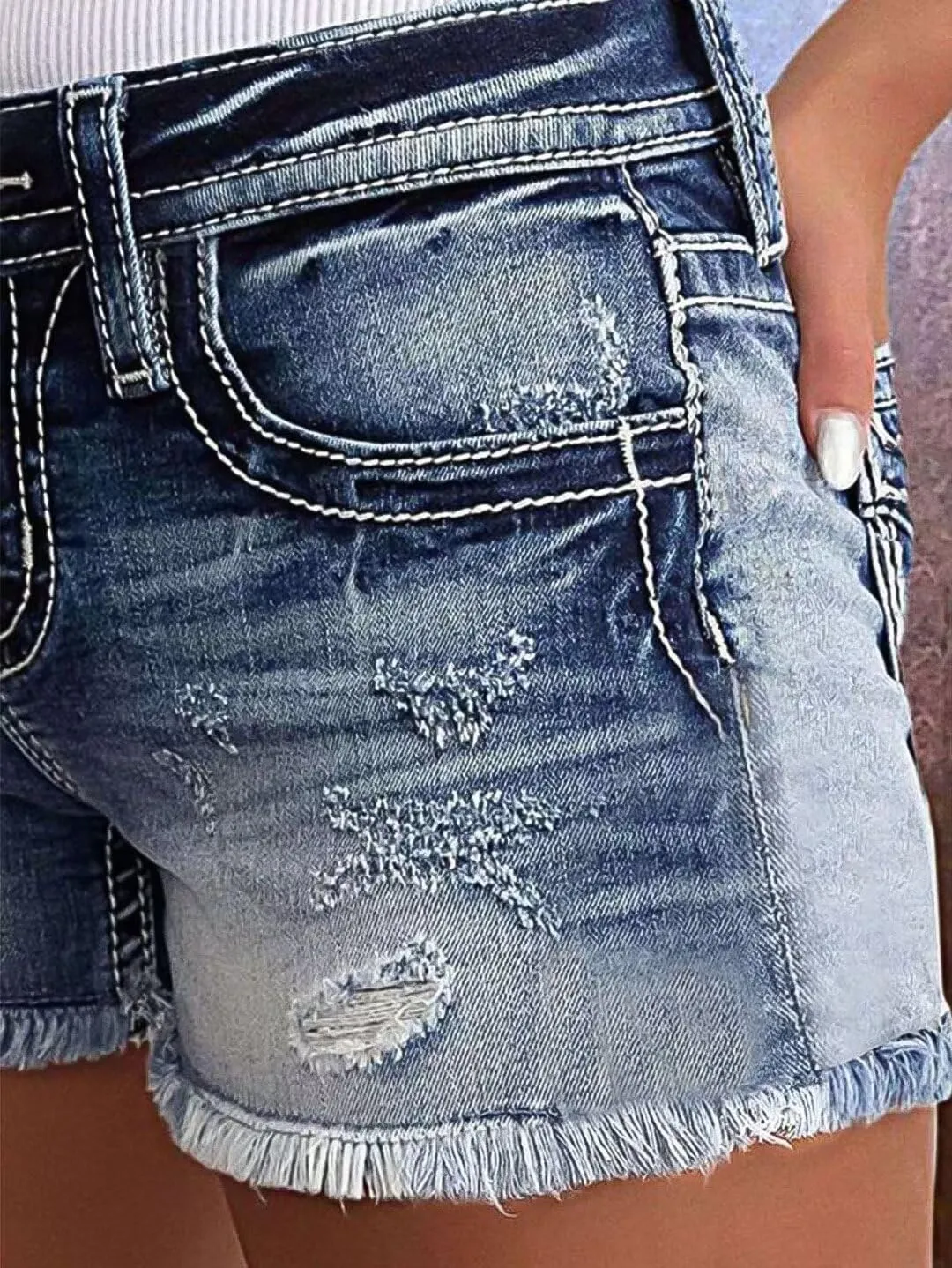 Flamingals Jean Shorts for Women Mid Waisted Stretchy Ripped Denim Shorts Raw Hem Curvy Summer Trendy Shorts