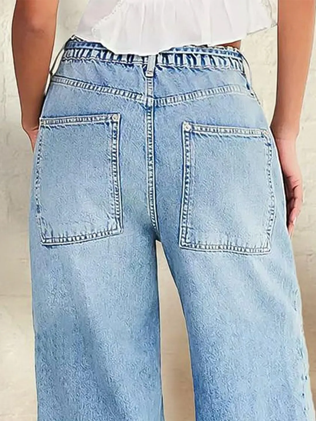 Flamingals Wide Leg Jeans for Women Drawsting Mid Waist Baggy Jeans Belted Wash Stitch Detai Trouser Jeans