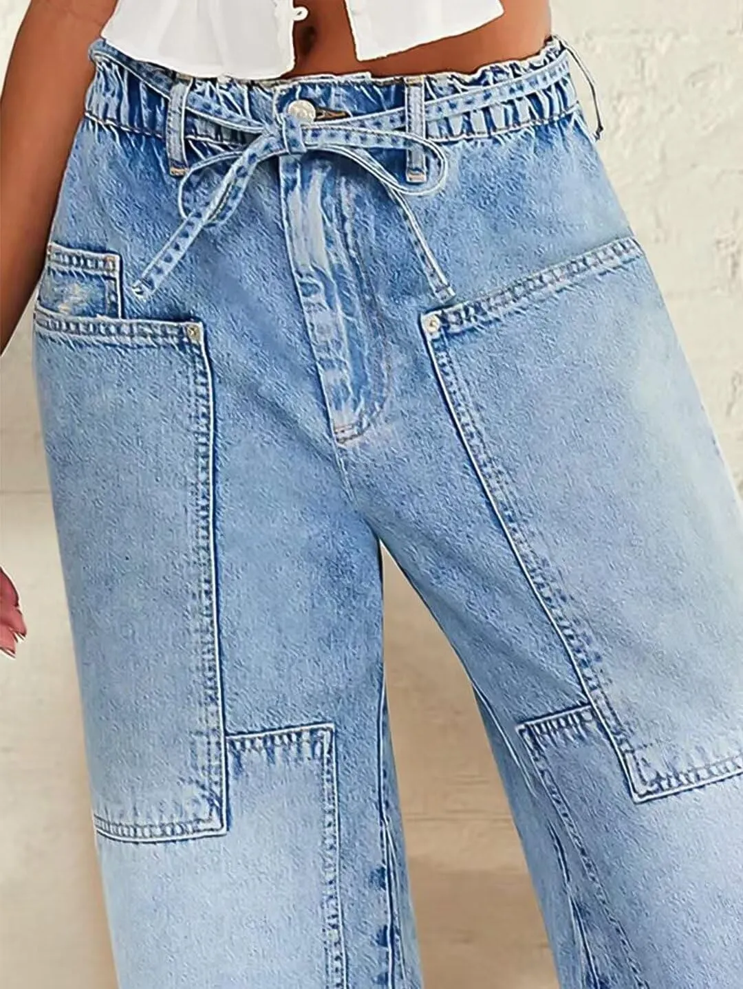 Flamingals Wide Leg Jeans for Women Drawsting Mid Waist Baggy Jeans Belted Wash Stitch Detai Trouser Jeans
