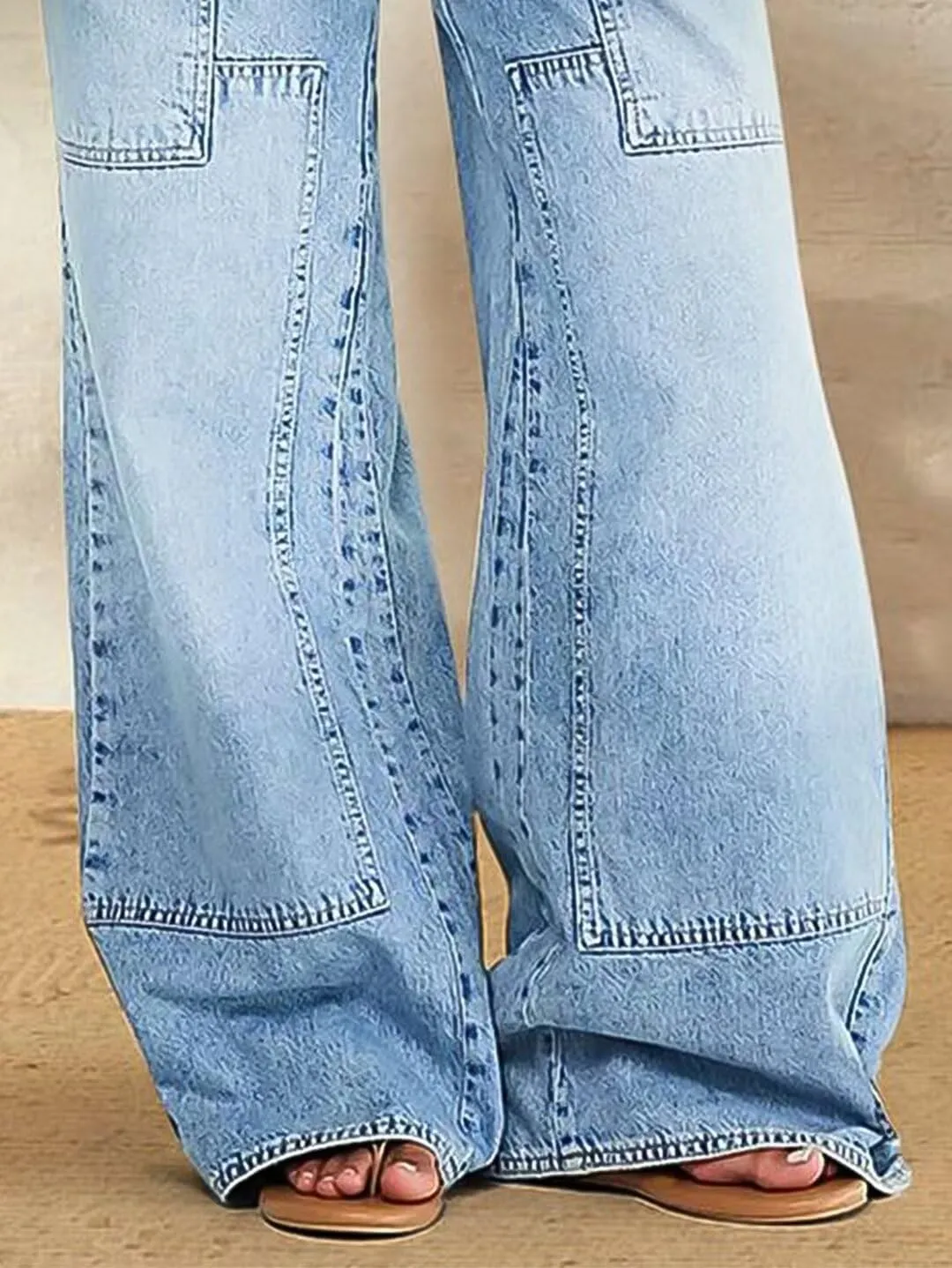 Flamingals Wide Leg Jeans for Women Drawsting Mid Waist Baggy Jeans Belted Wash Stitch Detai Trouser Jeans