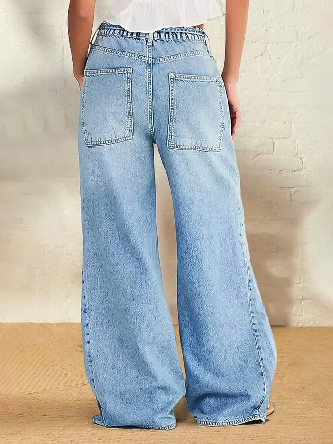Flamingals Wide Leg Jeans for Women Drawsting Mid Waist Baggy Jeans Belted Wash Stitch Detai Trouser Jeans