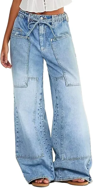 Flamingals Wide Leg Jeans for Women Drawsting Mid Waist Baggy Jeans Belted Wash Stitch Detai Trouser Jeans