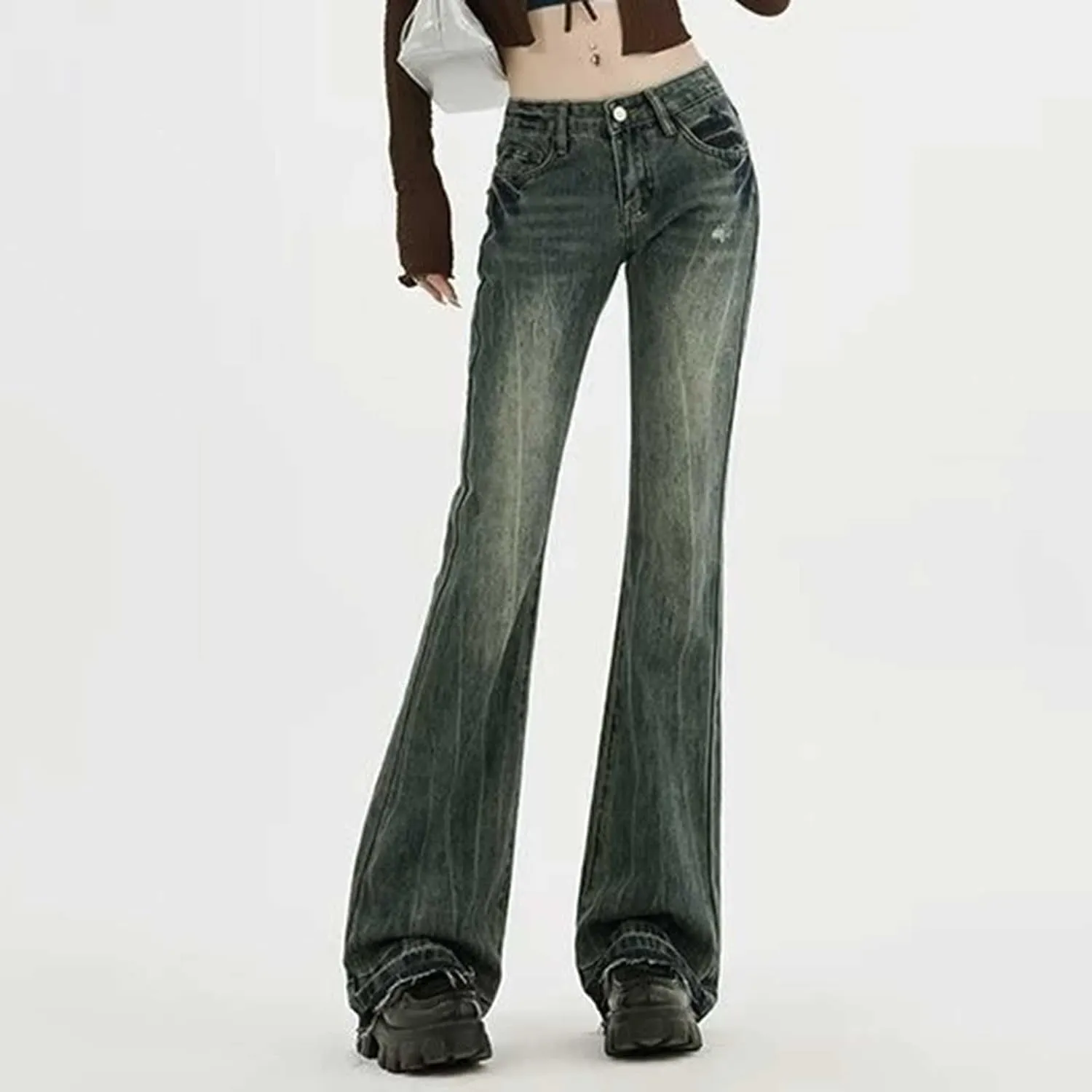 Flare Jeans for Women High Waisted Wide Leg Stretchy Distressed Jeans Pull-On Skinny Flared Bootcut Denim Jeggings