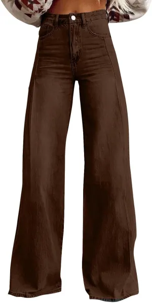 FlekmanArt Wide Leg Jeans for Women Cropped High Waisted Trendy Button Fly Patch Pockets Stretchy Denim Pants Trousers Jeans