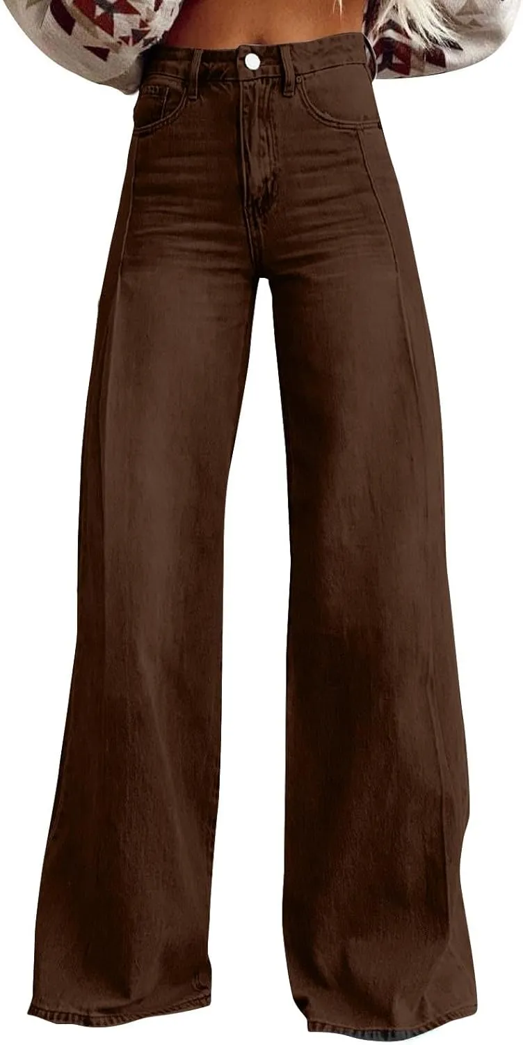 FlekmanArt Wide Leg Jeans for Women Cropped High Waisted Trendy Button Fly Patch Pockets Stretchy Denim Pants Trousers Jeans