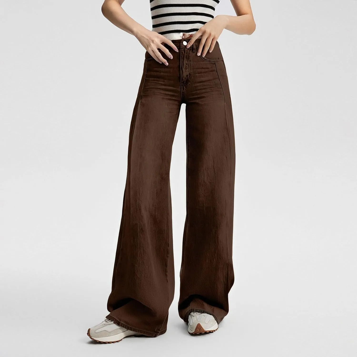 FlekmanArt Wide Leg Jeans for Women Cropped High Waisted Trendy Button Fly Patch Pockets Stretchy Denim Pants Trousers Jeans